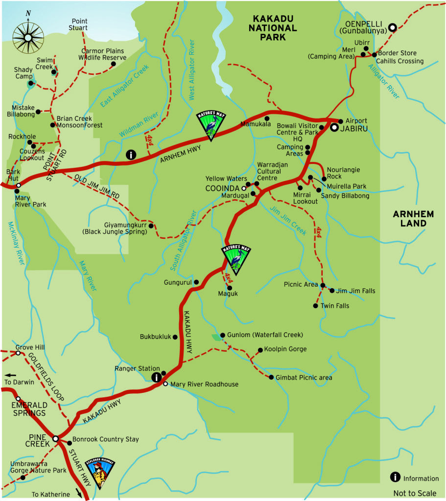 Carte du Kakadu National Park - les routes en pointillés ne sont accessibles qu'en 4x4